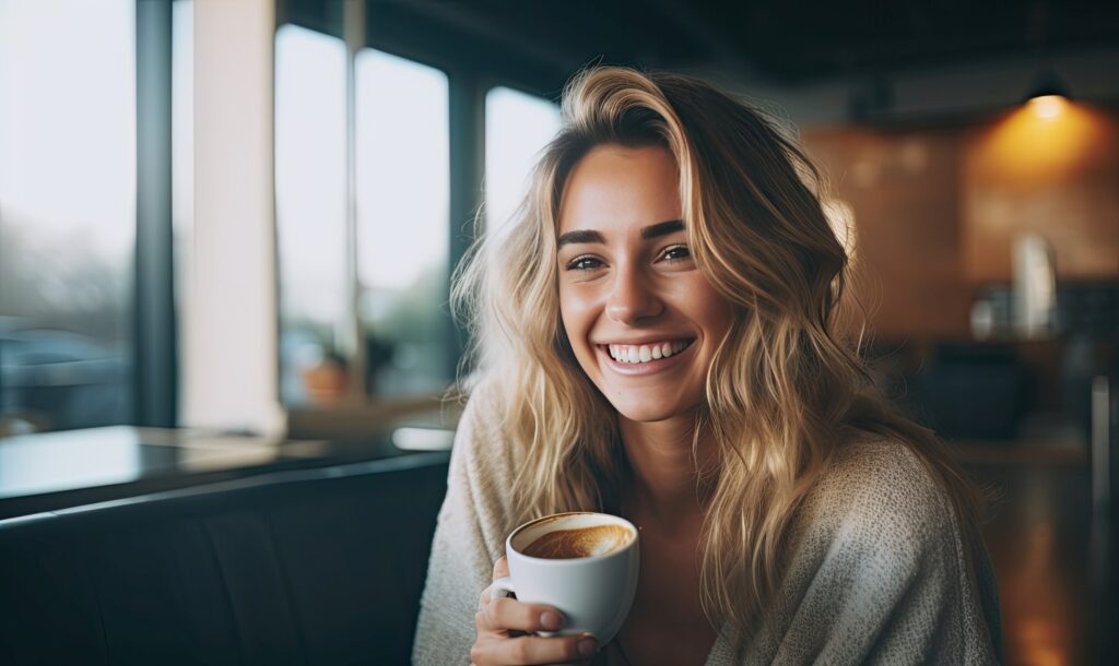 Woman smiling while drinking coffee in cafe