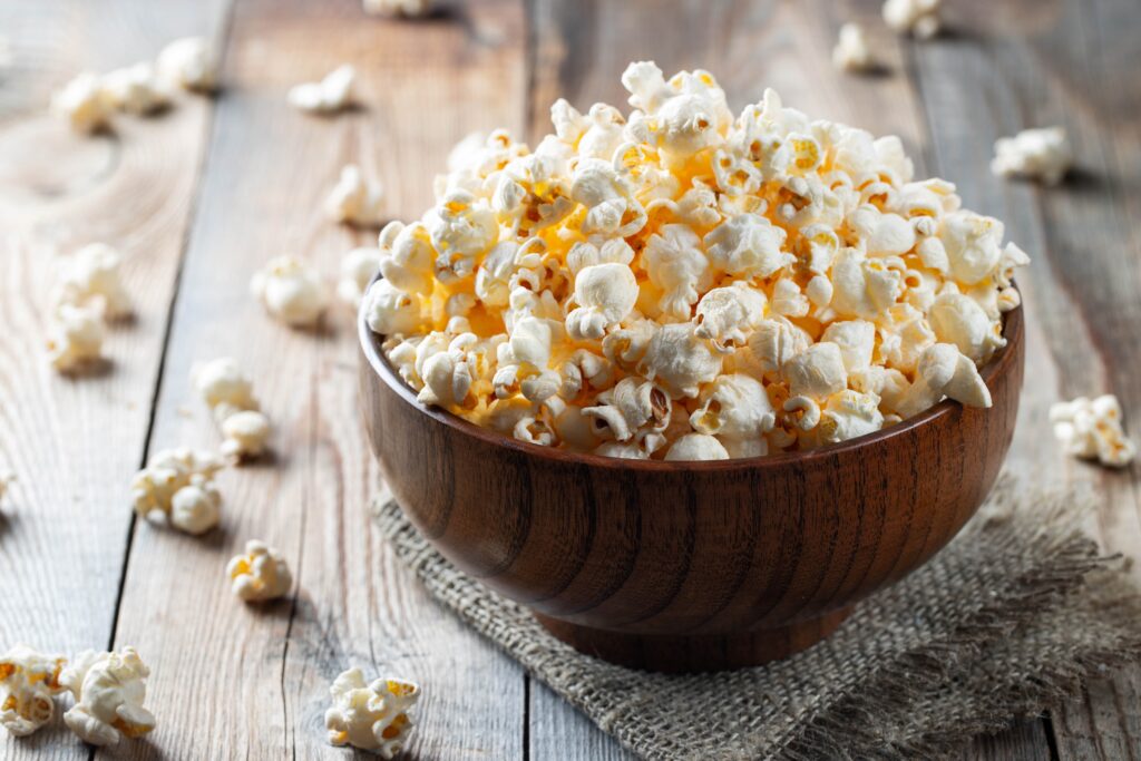 Closeup of popcorn in brown bowl